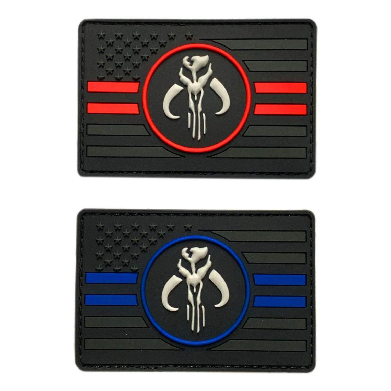 USA Flag Blue Red Line Mythosaur Skull Patch (2PC Bundle - 3D-PVC Rubber -MBF5,6)