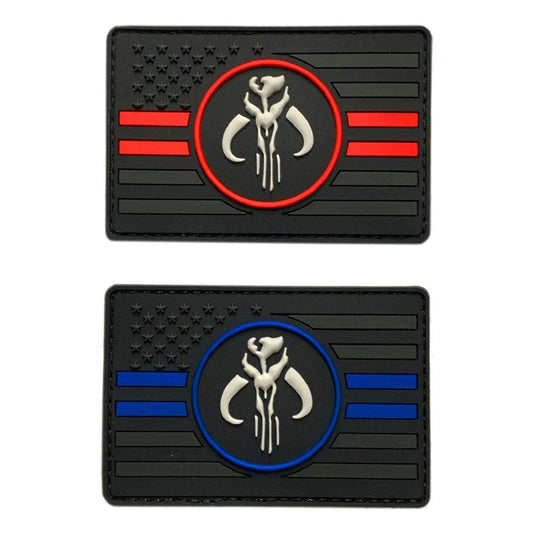 USA Flag Blue Red Line Mythosaur Skull Patch (2PC Bundle - 3D-PVC Rubber -MBF5,6)
